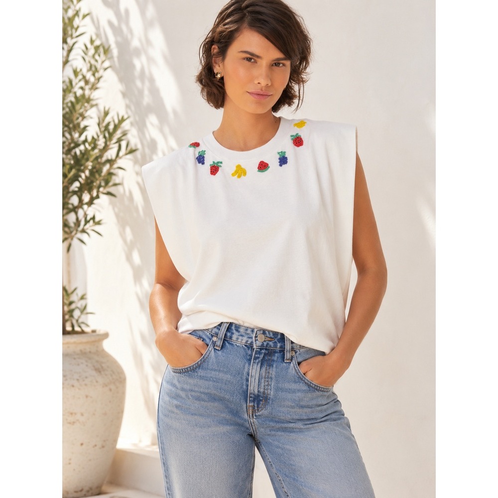 FARM Rio White Beaded Fruit Sleeveless Cotton Muscle Tee Top M Tropical Resort